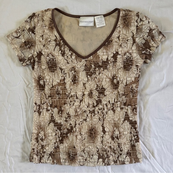 Vintage 90s Y2K Brown and Tan Floral Lace Women’s Top - Picture 1 of 5